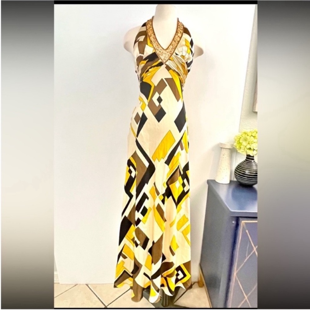 Nina Austin Yellow/ Brown Empire Waist Geometric Halter Maxi Dress Sz  XS